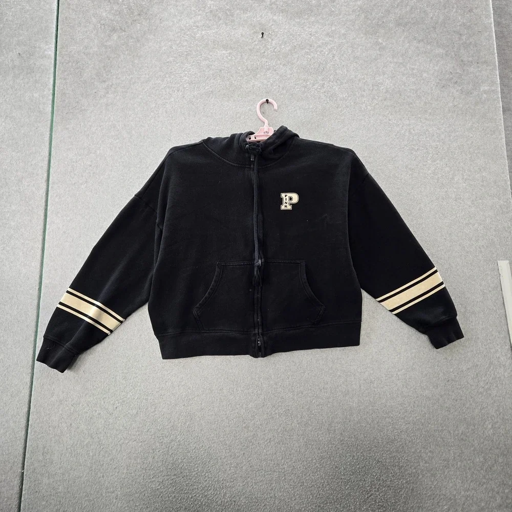 PINK Victoria's Secret Women Hoodie L Black Fleece P Logo Varsity‎ Campus